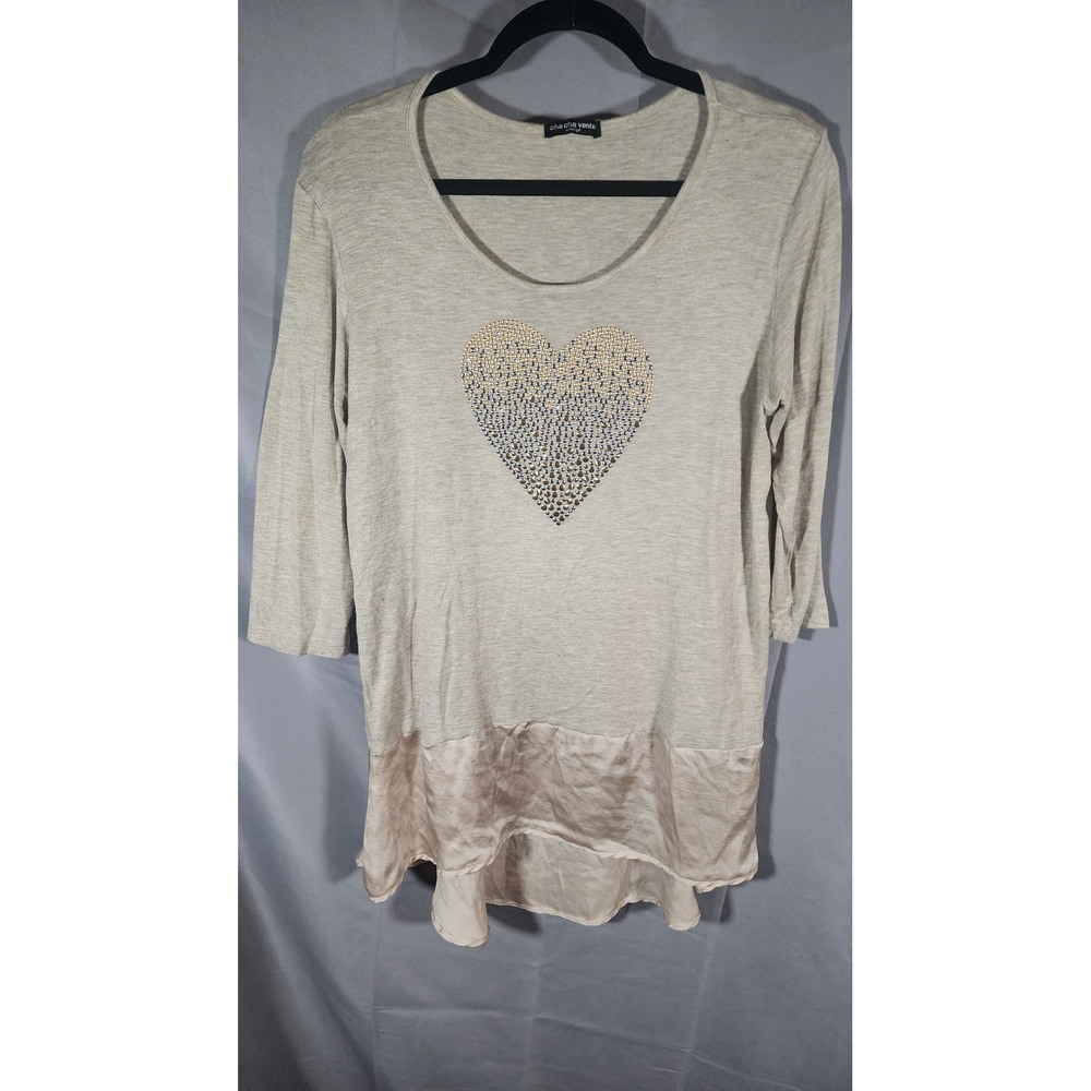 Cha Cha Vente Womens XL Studded Heart Tunic Top 3/4 Sleeve Satin Hem Boho Beige - Picture 1 of 5